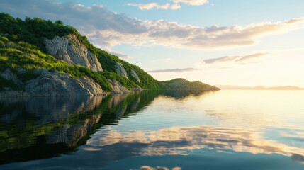 tranquil seaside view in Hungary, showcasing serene waters and lush green hills reflecting in calm lake. peaceful atmosphere invites relaxation and contemplation