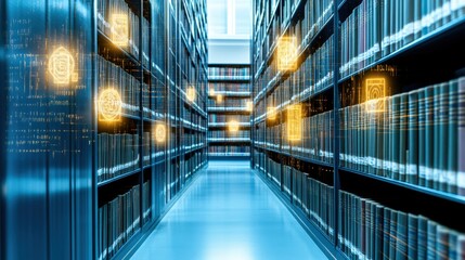 Futuristic Cosmic Library with Glowing Symbols and Unique Shelves of Knowledge in a High-Tech Environment