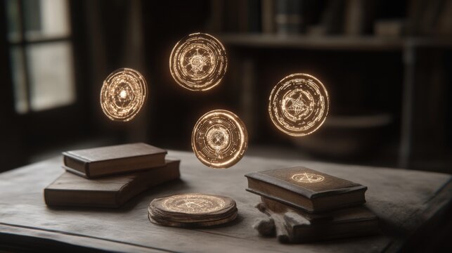 Enchanting Futuristic Cosmic Library with Glowing Symbols Floating Above Ancient Books