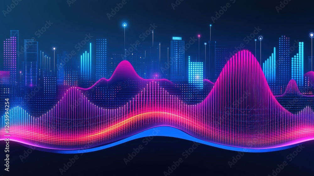Poster futuristic visualization of a glowing energy network in a cityscape with vibrant colors and data pat