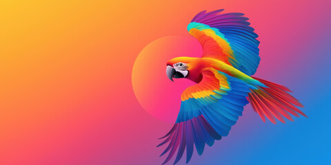 Fototapeta premium Colorful parrot flying against vibrant gradient background, showcasing bright hues of red, blue, and yellow. image evokes sense of freedom and joy