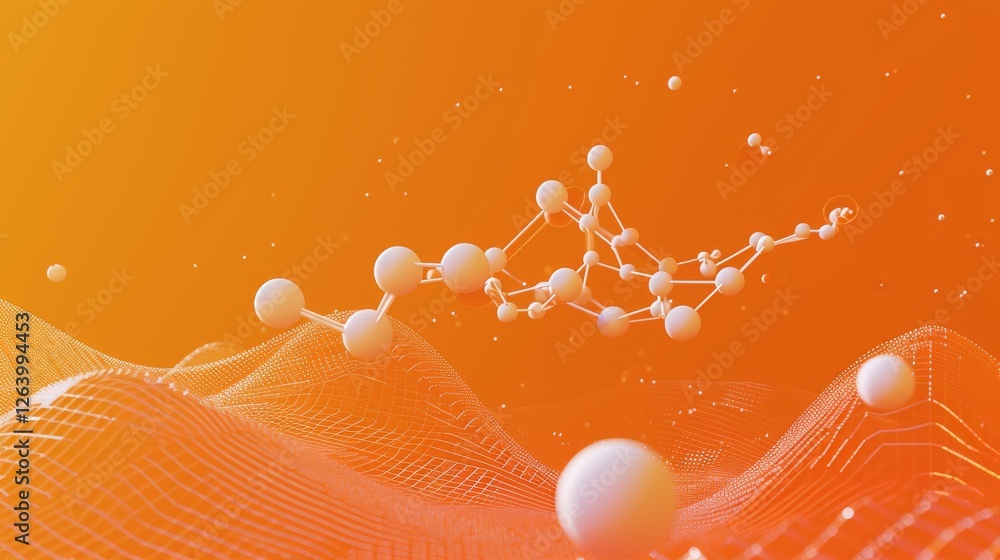 Poster a futuristic 3d-rendered molecular structure floating above a dynamic digital wave, set against a vi