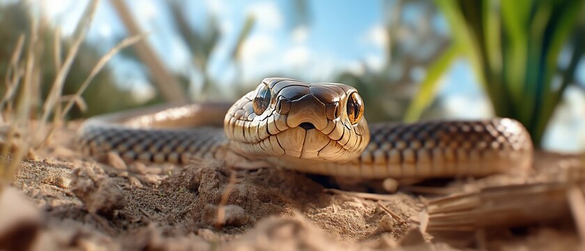 Desert snake close-up, sunlit background