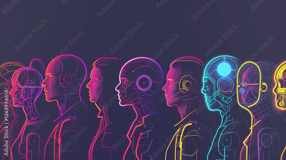 Poster a striking ai-generated digital artwork showcasing a lineup of human and ai figures in neon outlines