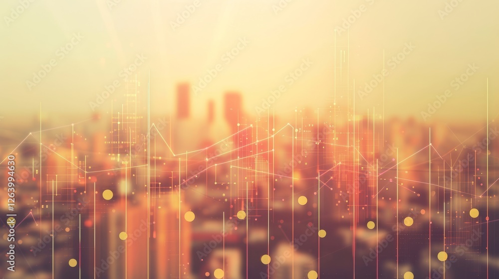 Aufkleber a blurred city skyline with a digital data overlay, combining urban scenery with futuristic financia