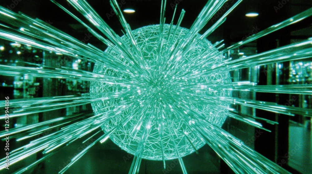 Poster glowing sphere in a void with intricate patterns and radiant light effects