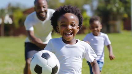 Obraz premium Happy family playing soccer in park