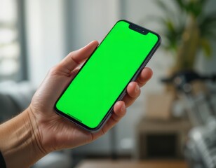 A close-up of a hand holding a smartphone with a green screen against a bokeh background of an interior ambiance. Perfect for mockups, UI/UX design presentations, or app display previews