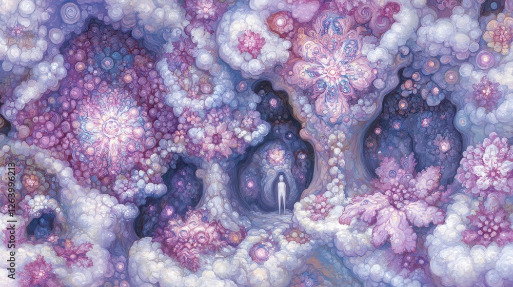 Poster ethereal lone figure at the edge of a glowing cosmic wonderland surrounded by colorful patterns and 