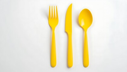 Bright Yellow Plastic Cutlery Set on White Background, Fork, Knife, Spoon