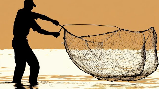 Lone Fisherman Casting Net into Calm Waters at Sunrise in Silhouette Against a Golden Sky