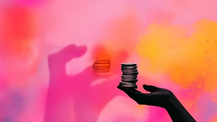 Hand Holding Stacked Coins Against Vibrant Abstract Background Illustrating Wealth and Economy Concepts in Modern Artistic Collage with Pink and Orange Hues for Design and Financial Themes