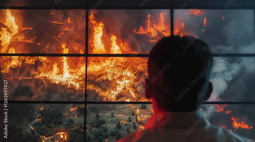 Poster a scientist observes a large wildfire projected on a multi-panel screen, analyzing its spread and se
