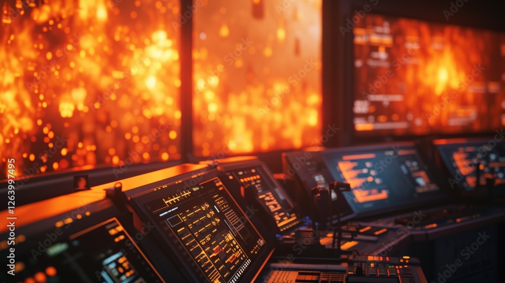 Poster a futuristic control station filled with high-tech monitors and glowing screens displaying a cyber d
