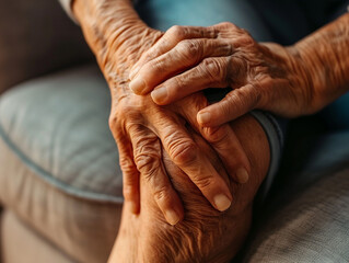 Fototapeta premium A close-up of hands holding a knee with indicating pain or inflammation, possibly due to arthritis or injury. 