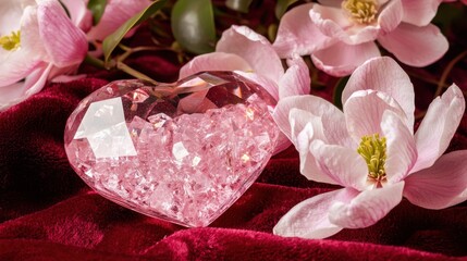A luxury-themed image of a sparkling pink crystal heart on red velvet, with pink magnolias blooming around it.