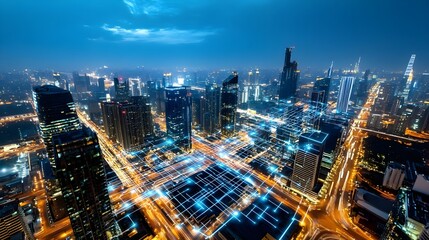 Fototapeta premium Smart City Night - Network & Technology - Smart City Technology