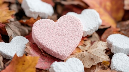 Obraz premium Pink and white textured heart shapes lie scattered on dry autumn leaves during a bright day.