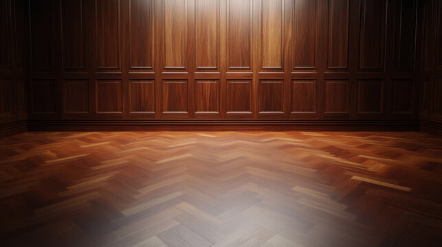 Elegant wooden parquet flooring with rich, polished finish