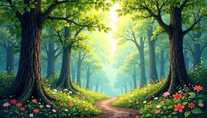 Watercolor forest with foliage , forest, landscape, outdoors