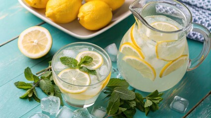 Fototapeta premium Refreshing Lemonade in Glass and Jug with Citrus Slices, Ice Cubes, and Mint Leaves for a Summer Drink, High Depth of Field Photography, Bright Colors, and Inviting Atmosphere