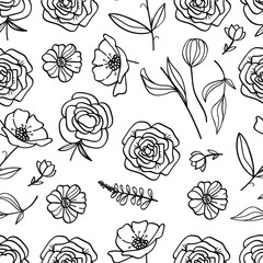 Seamless Botanical Floral Pattern Hand Drawn Line Art Isolated On White Background. Vector Illustration.