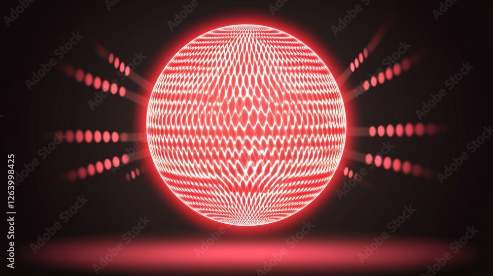 Poster mystical red sphere emitting glowing energy in dark void with dynamic patterns and bright light effe