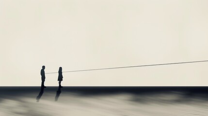 Obraz premium A minimalist digital artwork depicting a man and a woman in silhouette, connected by a thin string, symbolizing relationships, distance, and emotional bonds. AI generated.