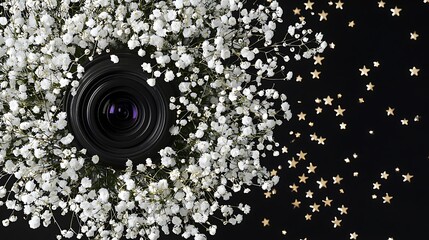 Camera Lens Surrounded by Flowers and Stars