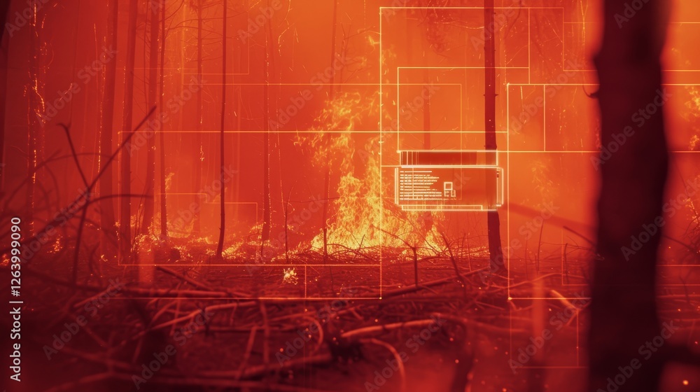 Poster a digital ai interface overlays a burning forest, analyzing the wildfire in real-time. high-tech dat