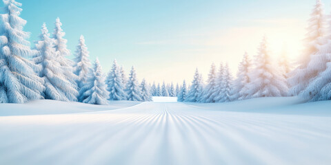 Fototapeta premium serene winter landscape featuring snow covered trees and clear blue sky, creating peaceful atmosphere. sunlight casts warm glow over snowy terrain, enhancing beauty of scene