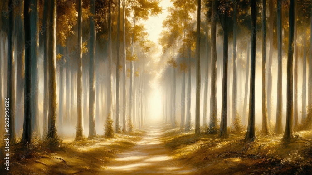 Poster serene forest clearing with a gentle stream in a peaceful setting surrounded by tall trees and soft 