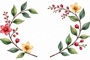 Watercolor illustration of floral branches with leaves and berries in a soft, dreamy style , floral design, berries, nature