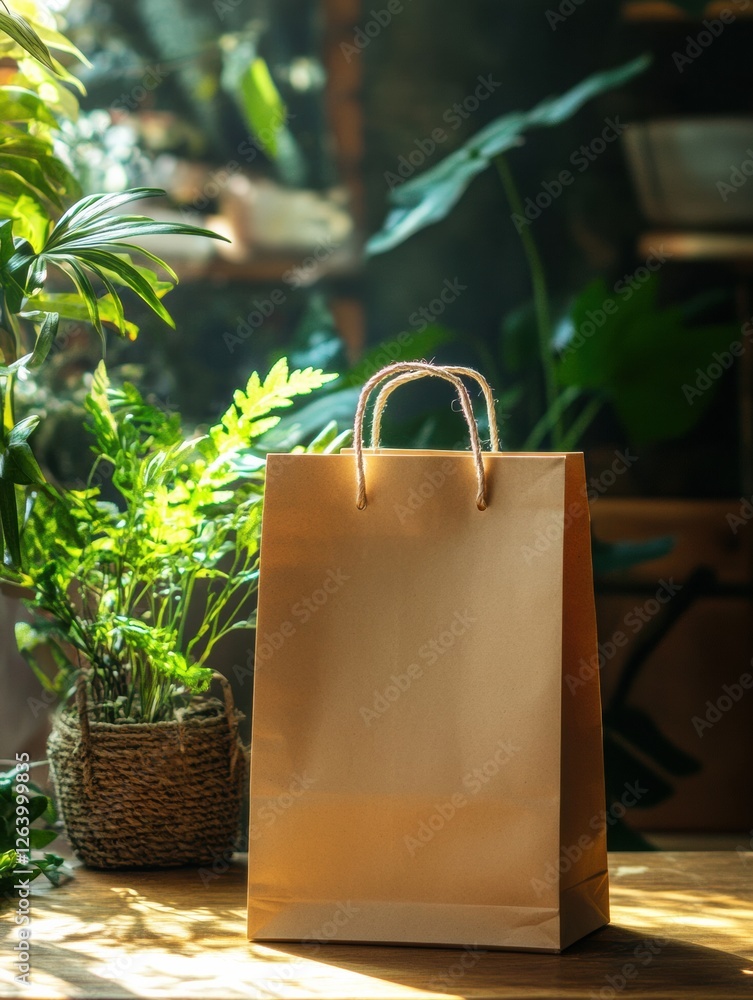 Aufkleber Eco friendly paper bag in vibrant greenery with space for your custom message and design in a natural setting. Generative AI