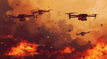 A fleet of military drones hovers over a fiery battlefield, surrounded by thick smoke and raging flames, creating an intense war-like atmosphere. AI generated.