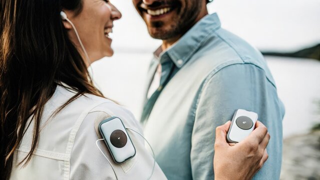 A close candid shot of the couple laughing together while monitoring their biosensors the devices reflecting a fusion of technology and emotion highlighting their caring
