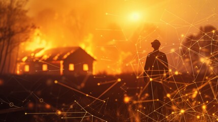 A silhouetted man observes a house engulfed in flames against a glowing, abstract digital background. The scene symbolizes disaster, loss, and the intersection of technology and reality. AI generated.