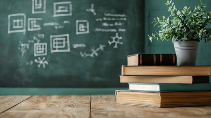Neatly arranged wooden study desk with stacked books potted plant and chalkboard in a minimalist academic classroom or office setting  Concept of organized workspace education and focused study