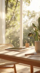 Fototapeta premium Sunlit home office desk with tablet, plants, and window view; perfect for productivity blogs