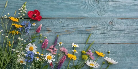 Serene Grey Blue Wood Background Framed by Vibrant Field Flowers for Tranquil Nature Photography