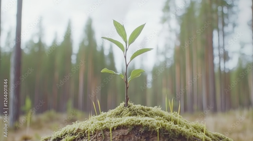 Poster young sapling growing from moss covered log in serene forest environment amidst tall trees and soft 