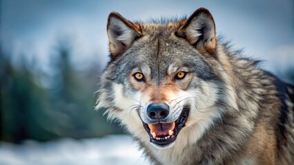 Fototapeta premium Gray wolf snarling at camera with sharp teeth bared in a fierce expression against a cold winter background