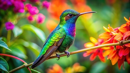 Fototapeta premium Colorful hummingbird with iridescent feathers perched on a vibrant green tropical branch in a lush garden surrounded by exotic flowers and foliage, colorful, flower