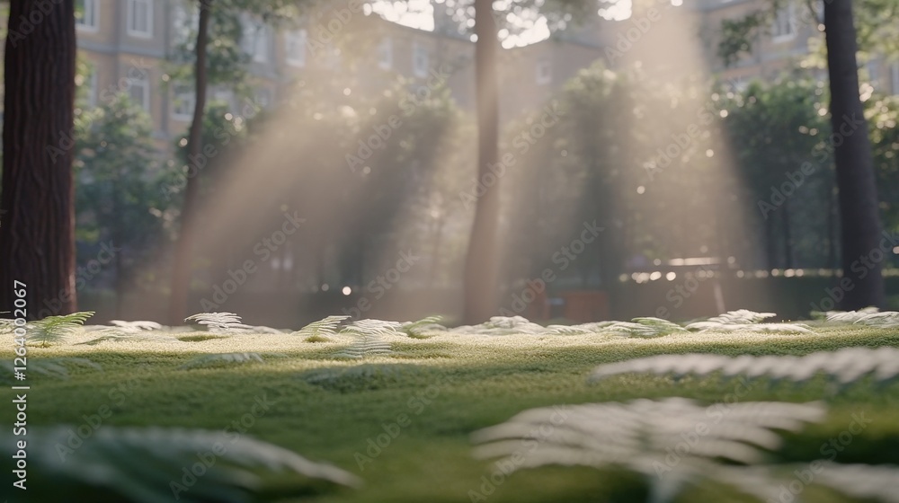 Poster serene forest clearing bathed in golden light with soft ferns and gentle rays illuminating the groun