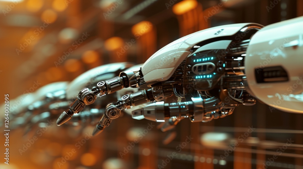 Poster a row of advanced robotic hands with intricate mechanical details, illuminated by warm lighting in a