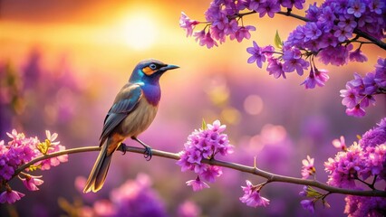 Obraz premium A majestic bird sitting atop a slender branch, adorned with stunning purple blooms that sway gently in the breeze, set against a warm and sunny background , flowers, purple flowers
