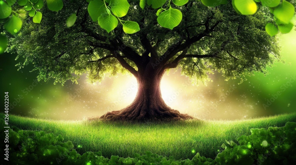 Poster serene meadow with a single large tree under a bright light surrounded by lush greenery