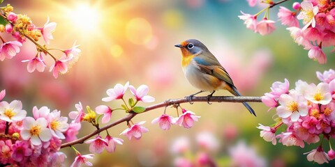 Fototapeta premium Bird Perched on Blooming Branches Surrounded by Spring Flowers, blooming branches, blossoms