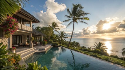 Fototapeta premium Serene Tropical Resort Villa: Relaxation by the Pool, Lush Greenery, and Sunny Skies for Ultimate Getaway Experience