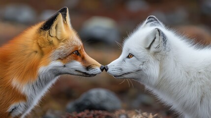Obraz premium Arctic fox and red fox touching noses, tundra background, wildlife nature poster